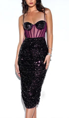Sequin Corset Midi Dress In Wine
