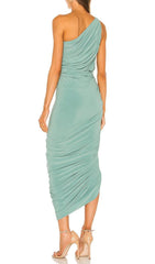 Pleated Sleeveless One-Shoulder Dress In Green