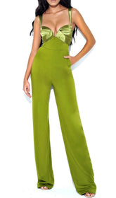 Green V Neck Satin Jumpsuit