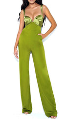 Green V Neck Satin Jumpsuit