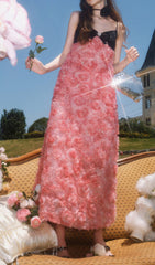 Rose Appliqued Spaghetti Maxi Dress In Pink