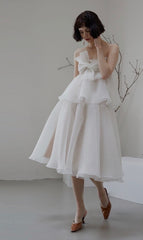 Suspender Bow Strapless Seersucker Dress In White