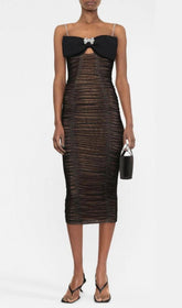 Bow Mesh Strappy Midi Dress In Black