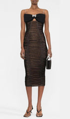 Bow Mesh Strappy Midi Dress In Black