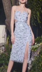 Mesh Diamond Cut-Out WaistLess Sequin SPLID Dress In Light Blue