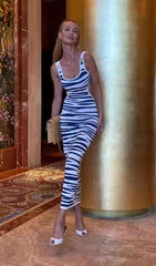 Stripe Suspender Midi Bandage Dress