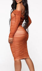 Orange Ruched Long Sleeve Mesh Bandage Midi Dress