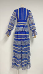 Deep V Tassel Blouson Sleeves Maxi Dress In Blue