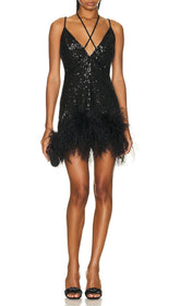 FeaTher V Neck Mini Dress In Black