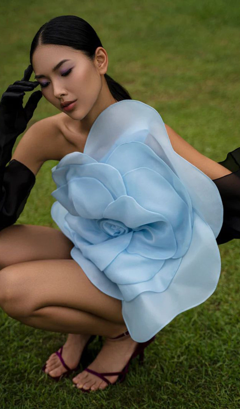 One Shoulder Flower Mini Dress In Blue