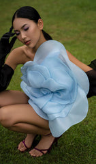 One Shoulder Flower Mini Dress In Blue