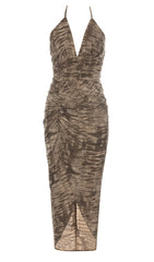 Halter Maxi Print Dress In Brown