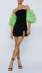Organza Puff Sleeve Mini Dress In Black