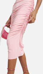 Ruched Appliqued Midi Dress In Light Peach