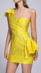 Jacquard One Shoulder Mini Dress In YelLow