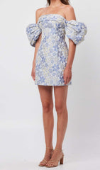 Puff Floral Print Mini Dress In Blue
