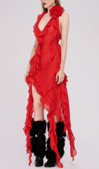 Plunging Neckline Ruffle Dress In Red