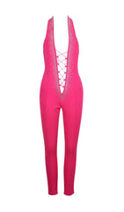 Halter Neck Crystal Backless Jumpsuits In Pink