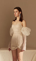 Strapless Bubble Sleeve Dress In Beige