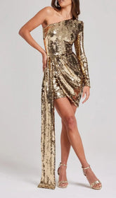 Sequins One Shoulder Mini Dress In Gold