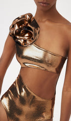 Diagonal Cutout Flower Swimsuit In Gold