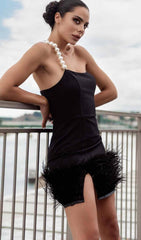 Bandage FeaTher Pearl Mini Dress In Black
