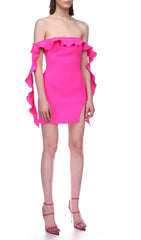 Pink Ruffled Off The-Shoulder Mini Bandage Dress