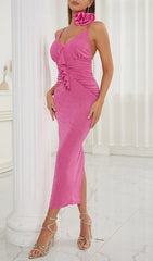 Rose EmbelliShed Ruffled Midi Dress In Pink