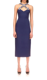 Halter Crystal Midi Dress In Deep SEA Blue