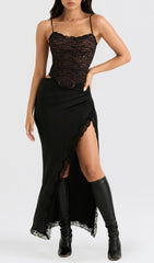 Ruby Black Satin Lace Trim Two Piece Midi Dress