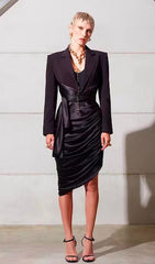 FAKE Two-Piece Satin Stitched Suit Collar Midi Dress