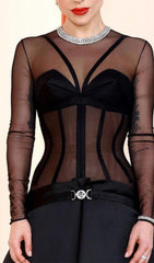 Corset Mesh Midi Dress In Black