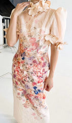 Printed Floral Appliqued Mesh Midi Dress