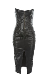 LeaTher Strapless Midi Dress In Black