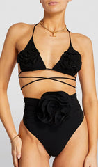 Floral Applique TRIANGLE Bikini Suit In Black