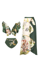 Ruffled Floral Print Bikini Swimsuit And Skirt