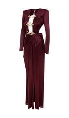 Satin Hollow Out Long Sleeve Maxi Dress In Red
