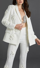 Double-Breasted Three DIMENSIONAL Floral Suit Jacket In White