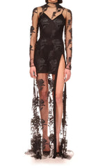 Embroidered Mesh Floral Maxi Dress In Black