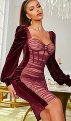 SquAre-Neck Puff Sleeve Mesh Pleated Stitched Velvet Waist Midi Dress