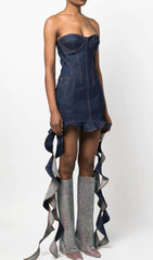 Strapless Draped Ruffle Denim Dress