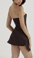 Satin Pleated Strapless Mini Dress In Brown