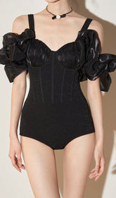 Black Ruffle One-Piece Corset Swimsuit
