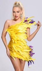 Asymmetric FeaTher Mini Dress In YelLow