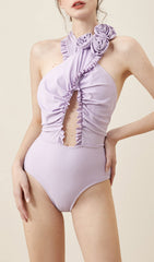 Purple Halter 3D Flower One Piece Swimsuit And Sarong
