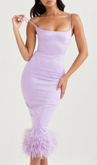 Purple FeaTher Satin Midi Dress