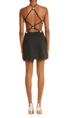 Button Backless HALTe Mini BAndGe Dress In Black