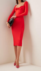 Bandage Long Sleeve Midi Dress In Red