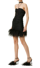 SEXY STRETCH Off-Shoulder FeaTher Mini Dress In Black