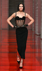 Mesh Corset Split Maxi Dress In Black
